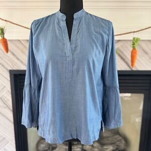 Ann Taylor LOFT‎ Chambray Blouse Bell Sleeve Split Neck Top XXS